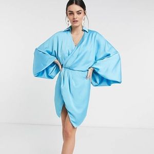 blouson sleeve satin mini dress with open back